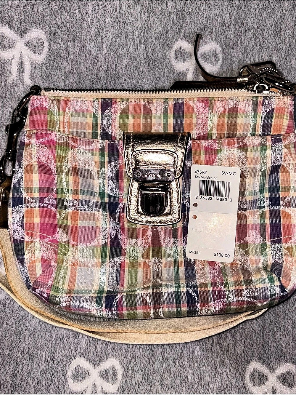 Coach Poppy Signature Madras Plaid Swingpack Crossbody Pink & Green